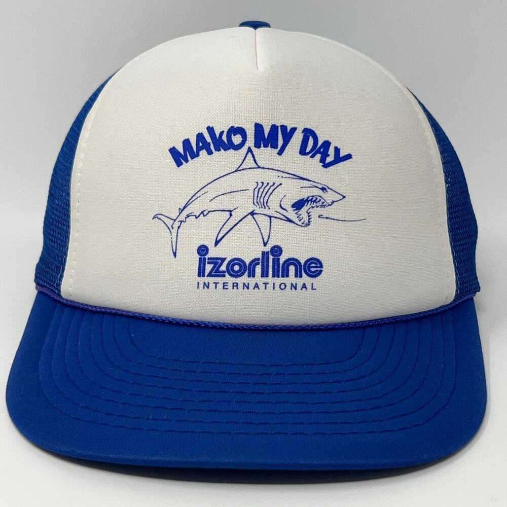 Vintage 80s Izorline Fishing Line Trucker Hat Baseball Cap Shark Snapback Blue